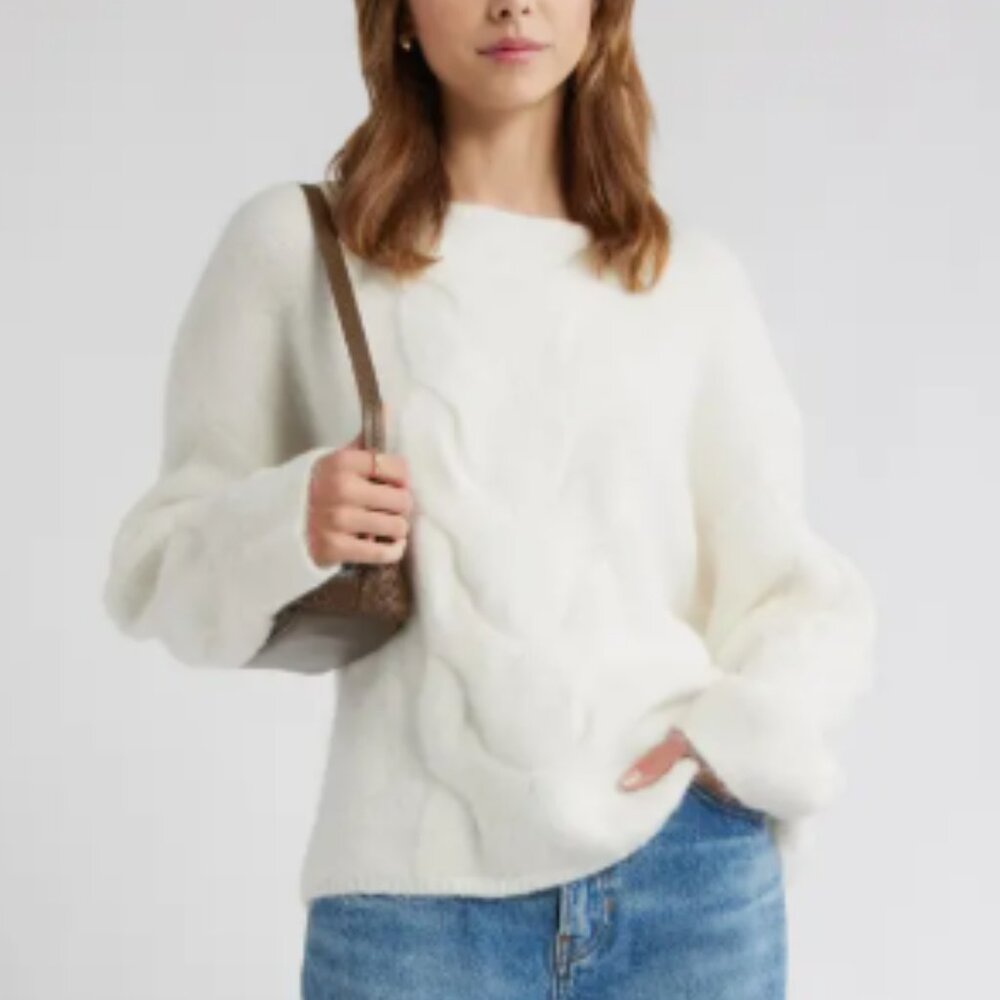 Open Edit Cable Boatneck Sweater – Size XS (Ivory)